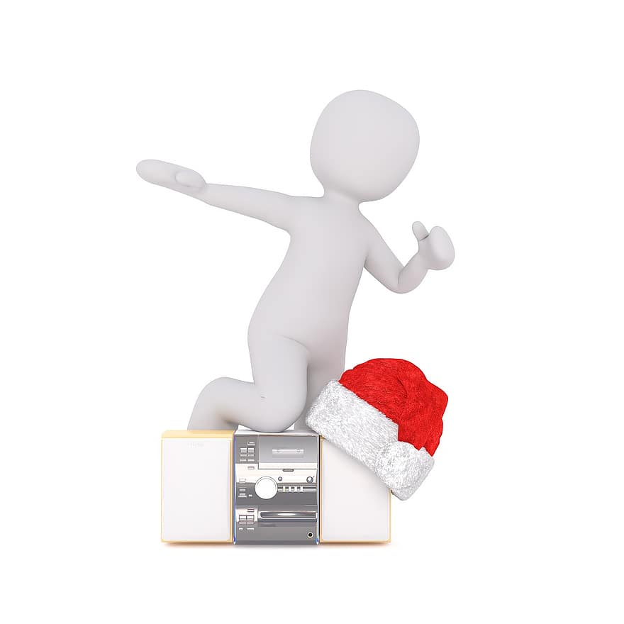 hvit mann, 3d modell, figur, hvit, jul, santa hat, musikk boks, opptaker, musikk, danse, stil