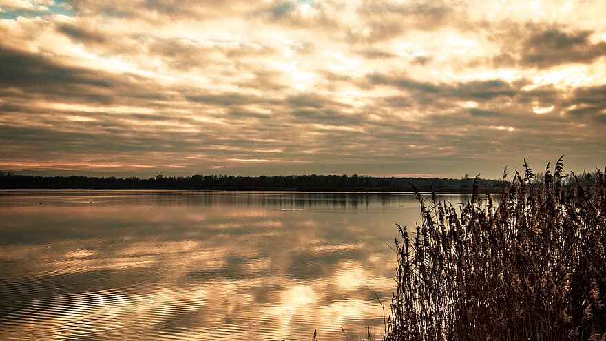 lac, dimineaţă, răsărit, reflecţie, nori, stuf, toamnă, natură, peisaj, apă, cer