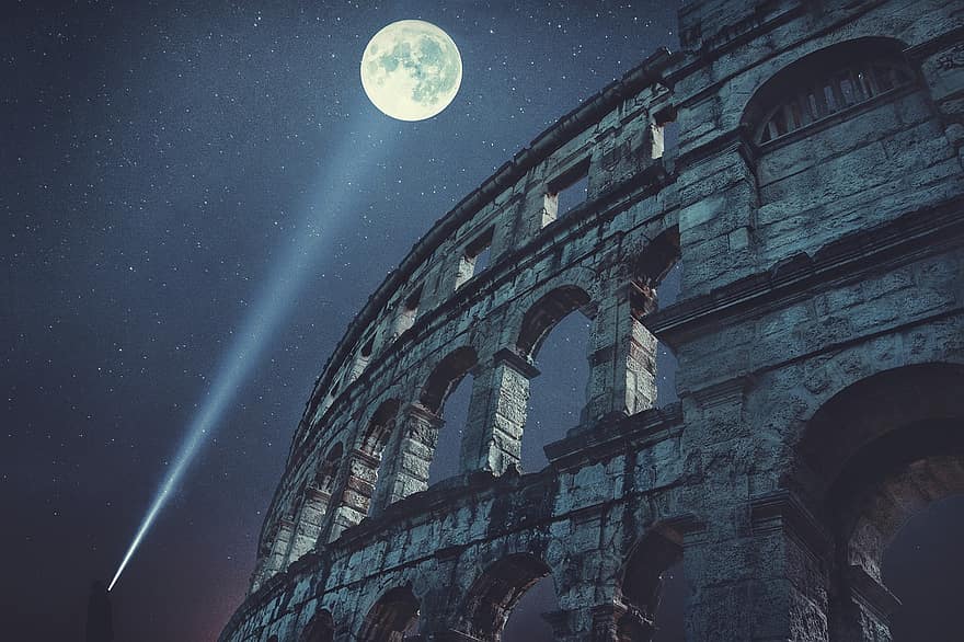 koloseum, gruzy, księżyc, światło księżyca, punkt orientacyjny, budynek, fasada, architektura, atrakcja turystyczna, nocne niebo, Rzym