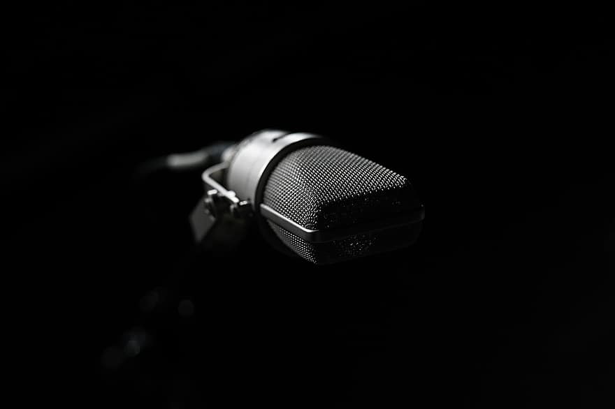 microfone, áudio, som, podcast, rádio, voz, Sombrio, fechar-se, equipamento, único objeto, origens