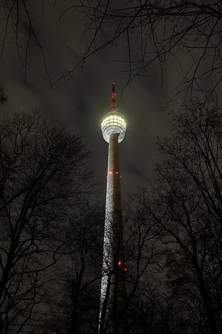 torre, torre de televisión, Stuttgart, noche, ciudad, panorama