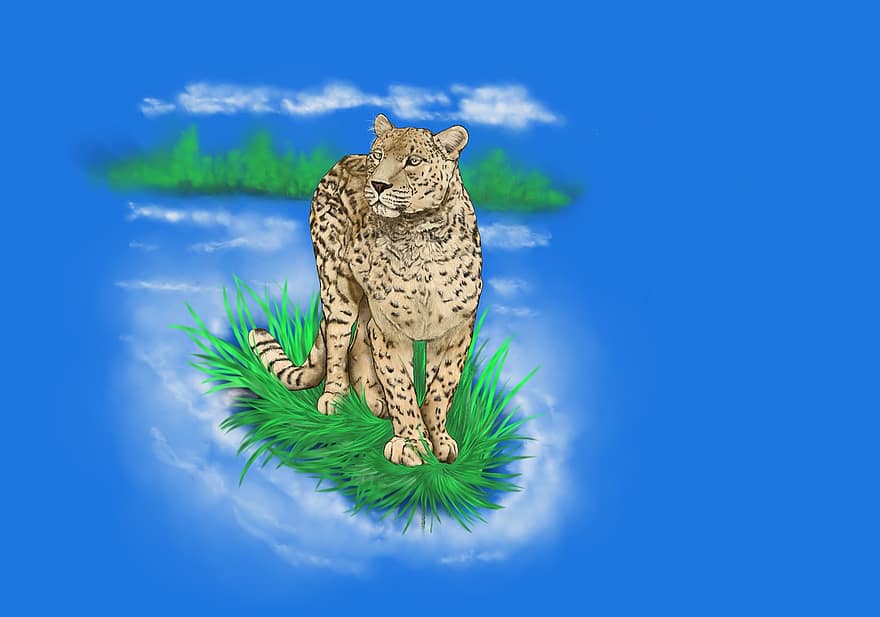leopardi, kissan-, poskiparta, täplät, maalaus, taide, piirustus
