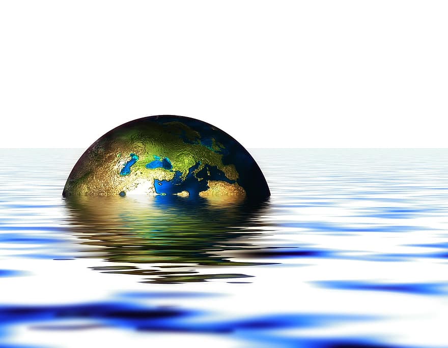 globe, Terre, eau, vague, réglage, immergé, inonder, monde, protection environnementale, environnement, planète