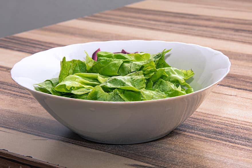 Salad, Leaves, Lettuce, Bowl, Vegetables, Vegetarian, Healthy, Table, Wooden, Food, Raw