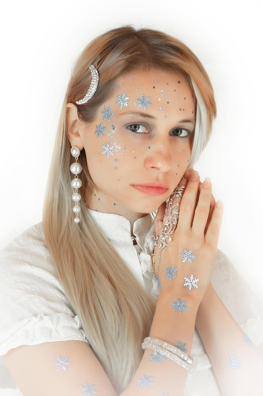 Woman, Beauty, Fashion, Girl, Women, Model, Makeup, Body Painting, Snowflakes, Face Picture, Body Art