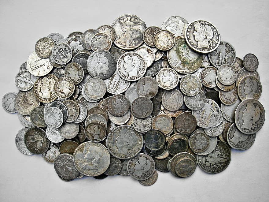 stříbrné mince, mince, měna, peníze, finance, bankovnictví, kov, bohatství, zásobník, halda, úspory