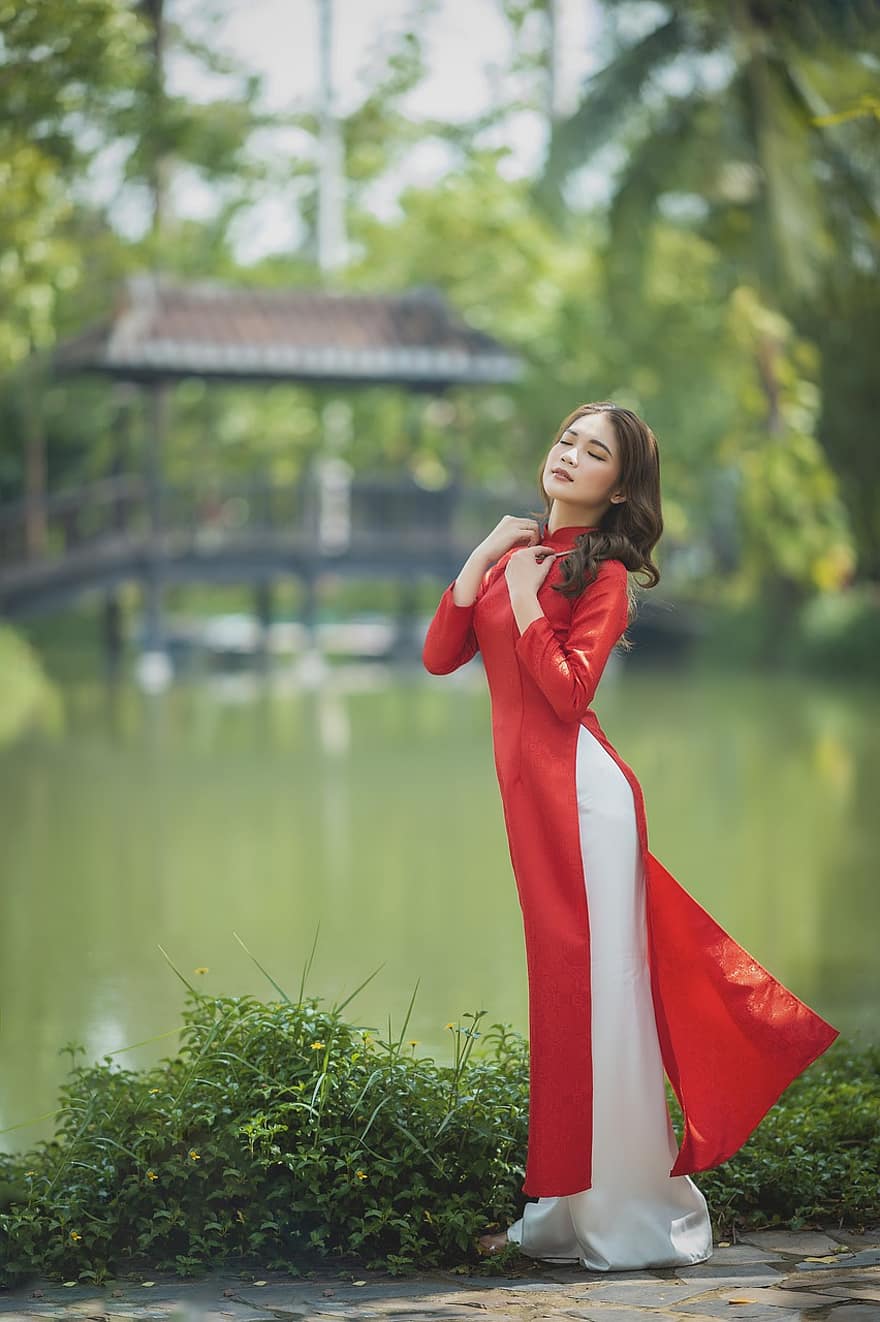 dona, model, jove, bellesa, moda, femella, persona, retrat, disfressa tradicional, vietnamita