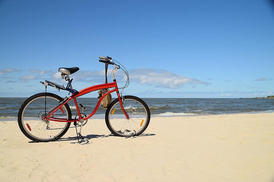 velosipēdu, smiltis, pludmale, krastā, jūra, ūdens