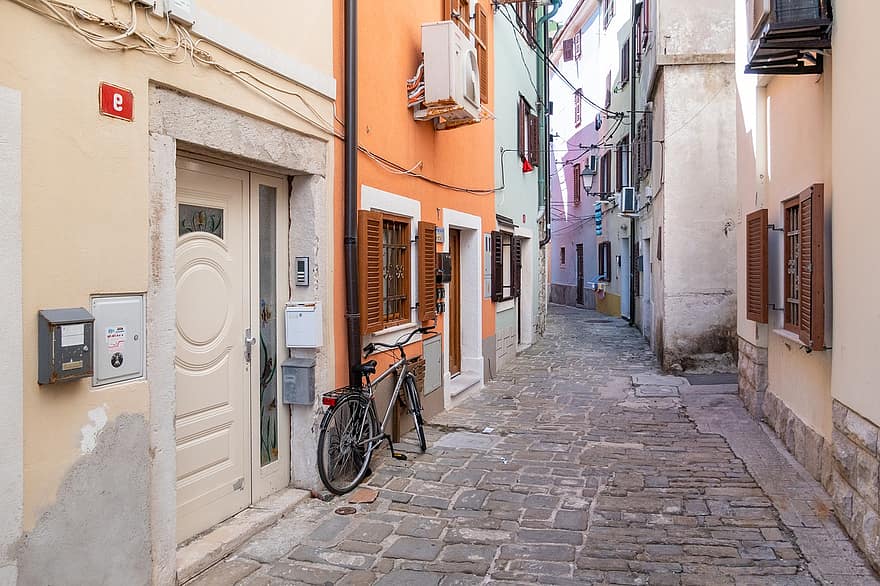 utca, Piran, Szlovénia, kerékpár, régi, történelmi, örökség, város, utazás, cél, ajtó
