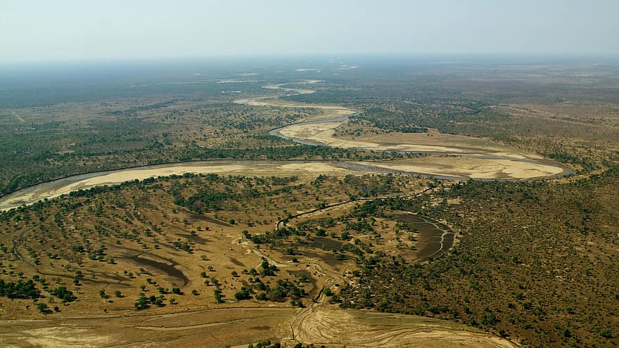 riu, aèria, meandre, arbres, boscos, horitzó, vista d'ocell, vista aèria, luangwa, Zàmbia, paisatge