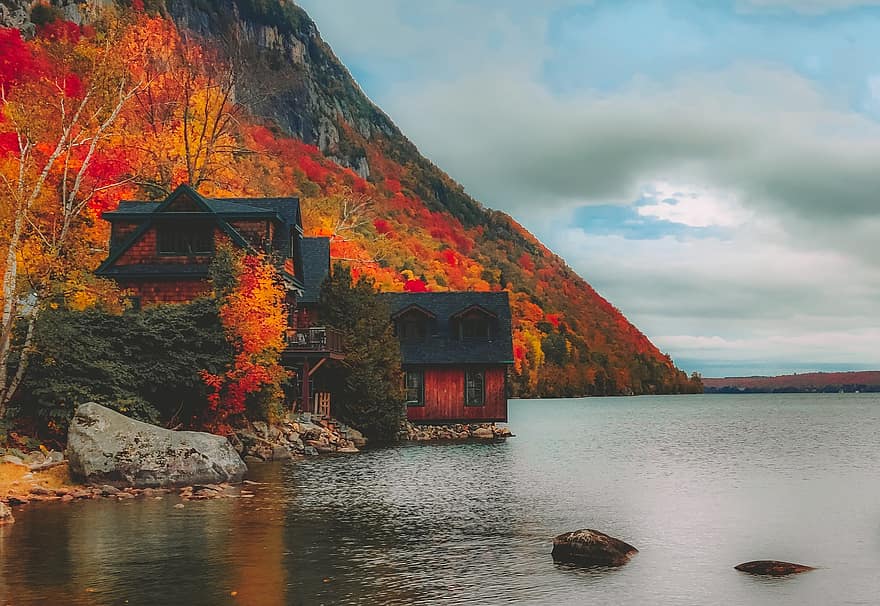 Lac, maison, tomber, l'automne, Montagne, campagne, la nature, des arbres, eau