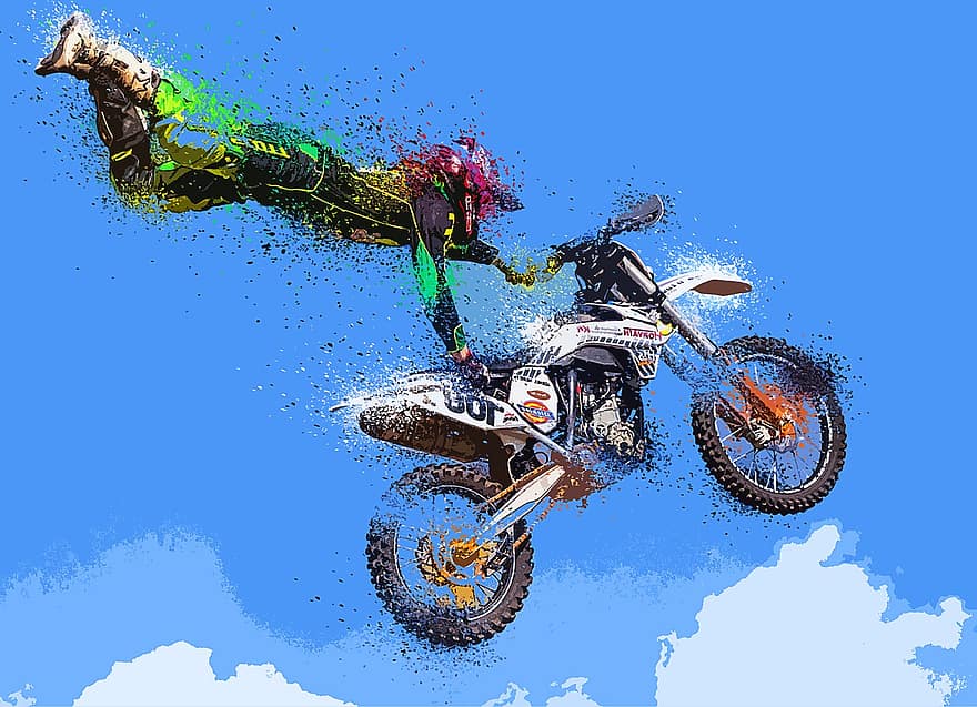 motocicleta, partículas, explosión, colores, cielo, nubes, peligroso, saltar, imaginación, tratamiento, casco