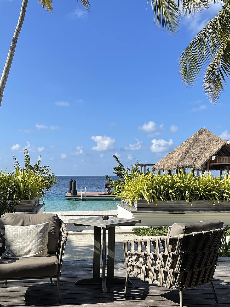 maldivler, sahil tatil yeri, Waldorf, restoran, okyanus, cennet, plaj, ada, çare, tatil, boş