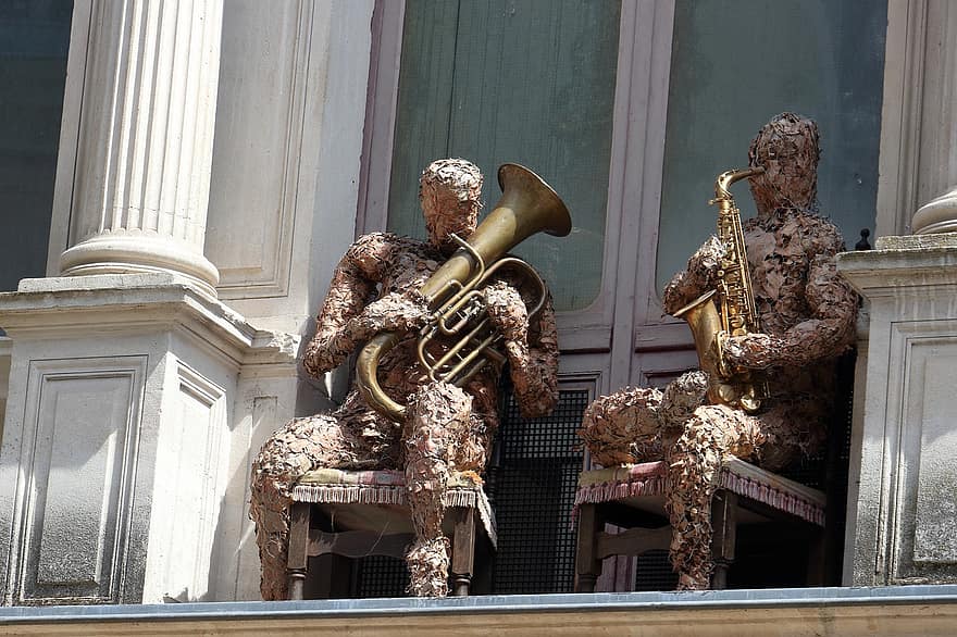 rzeźby, posągi, muzyka, instrument, muzyk, saksofon, tuba, postać