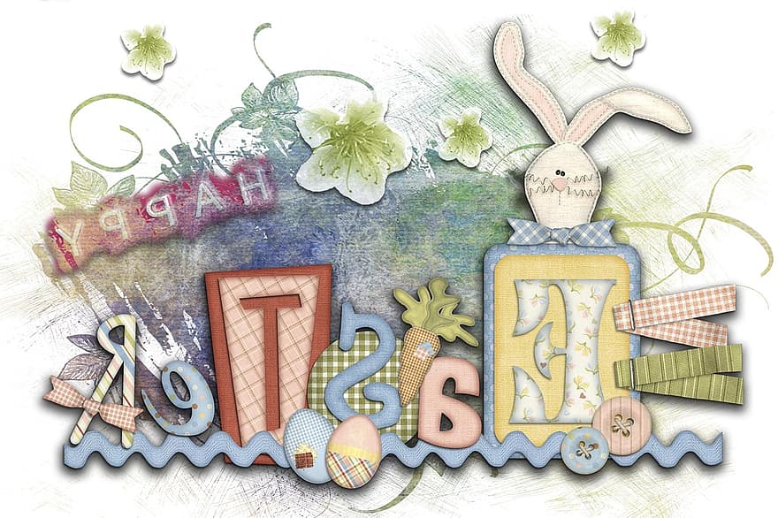 húsvéti, üdvözlőlap, digitális alkotás, nyuszi, betűk, ünnep, ünneplés, dekoratív, szalag, dísz, évszak