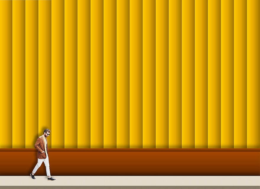 човек върви, жълт, стена, страна, мъж, разходка, заден план, ходене, мъжки, жълта стена, оранжев фон
