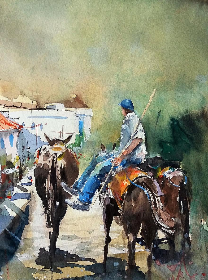 Watercolor, Greece, Donkey, Riding, People, Man, Seated, City, Travel