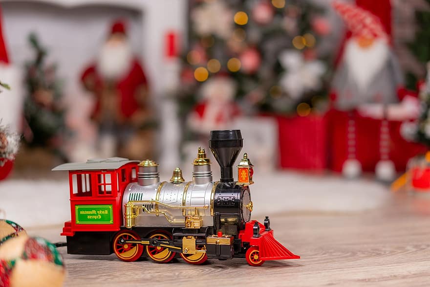 vonat, mozdony, motor, játékok, Karácsony, megérkezés, dekoráció, színes, ünneplés