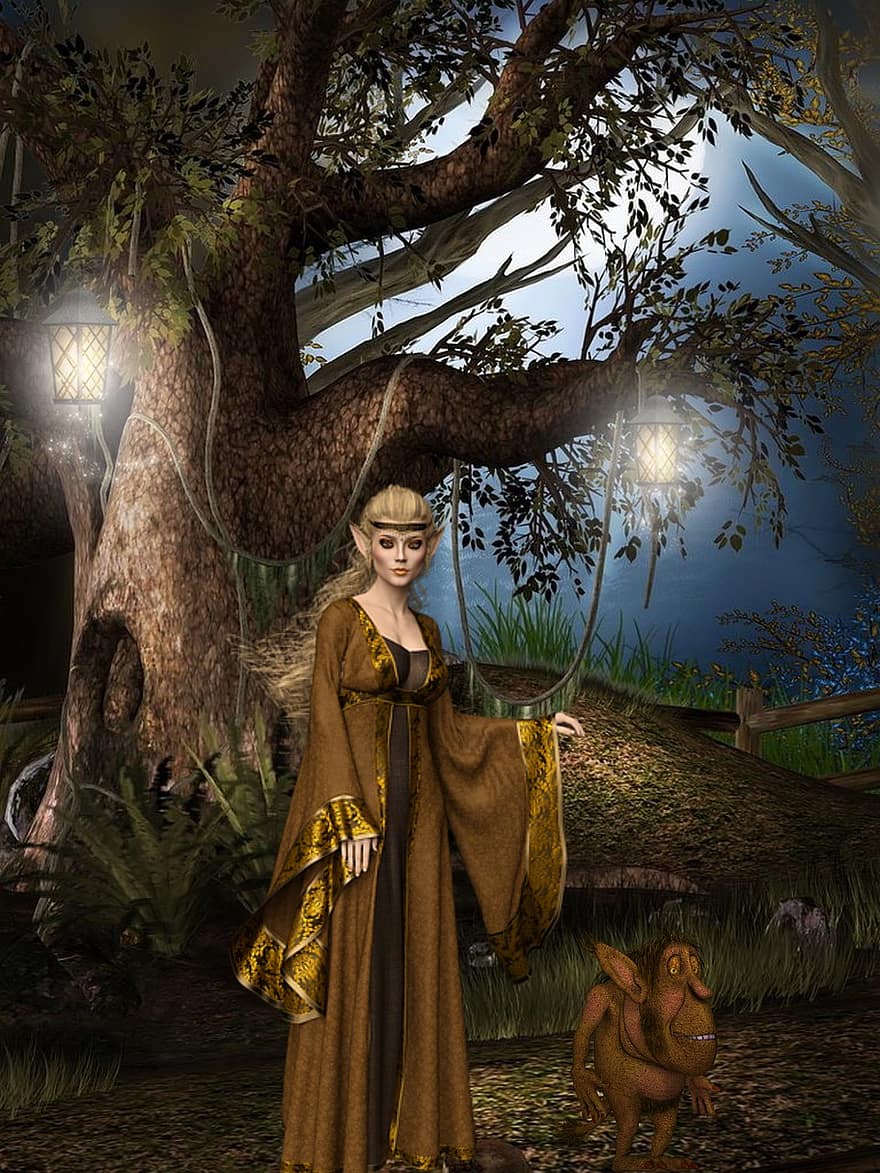 Background, Woods, Tree, Elf, Creature, Fantasy, Female, Character, Digital Art