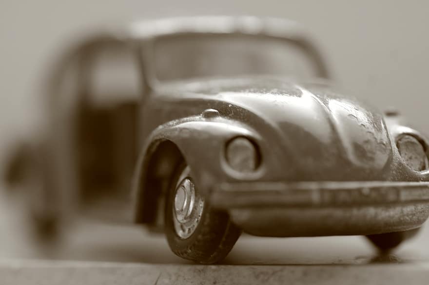 auto, modèle, vieux, scarabée, Volkswagen, endommagé, noir et blanc, macro