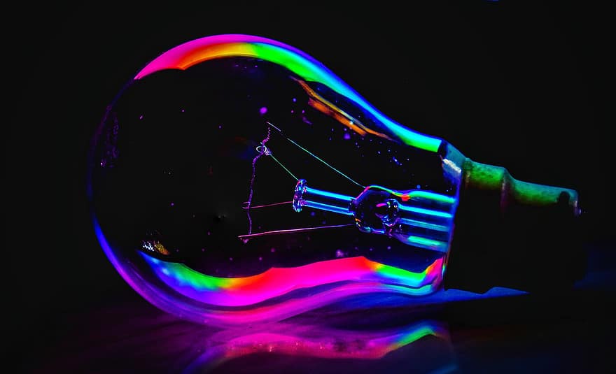 glödlampa, Glödlampa, lampa, regnbåge, kreativitet, färgrik, kreativ, konstverk, tråd, upplyst, ljusutrustning