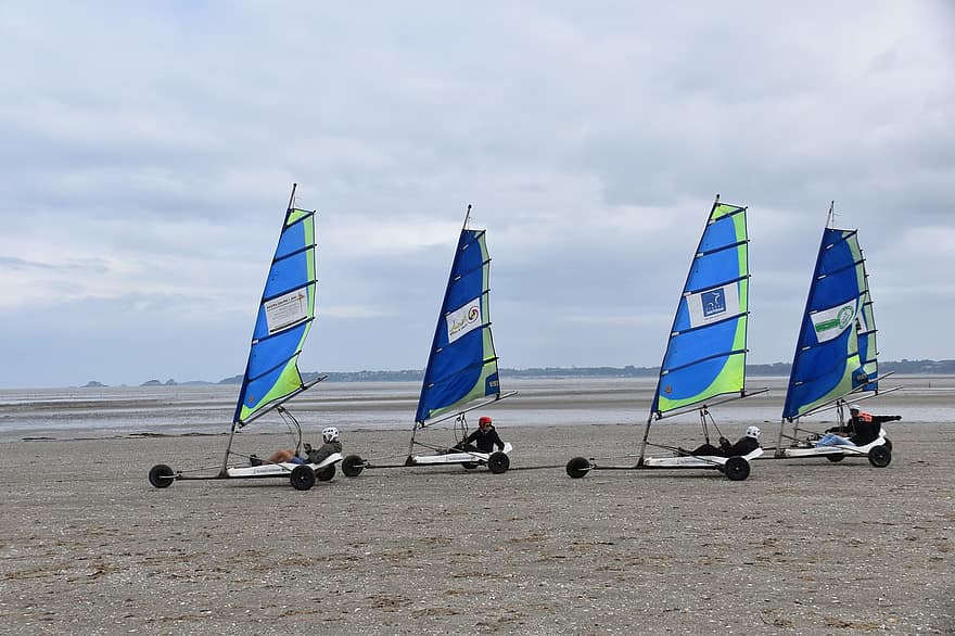 Sand Yachting, Sport, Sand, Land Sailing, Land Yachting, Wheeled Vehicle, Sail, Wind, Coast, Sea