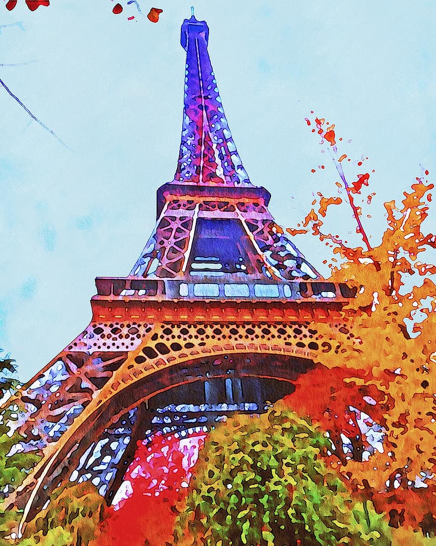 Màu nước Paris, tháp Eiffel, lá thư, thành phố, ngành kiến ​​trúc, xây dựng, cây, các cửa sổ, màu nước, cửa sổ, trang trí
