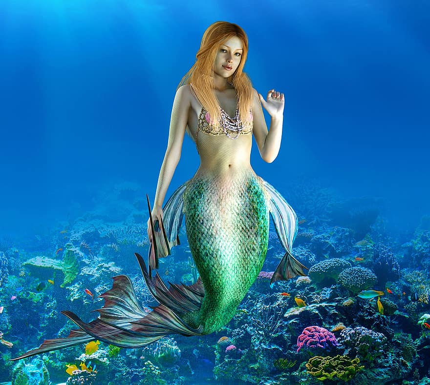 putri duyung, fantasi, samudra, laut, air, wanita, mistik, berenang, makhluk, di bawah air, mitologi