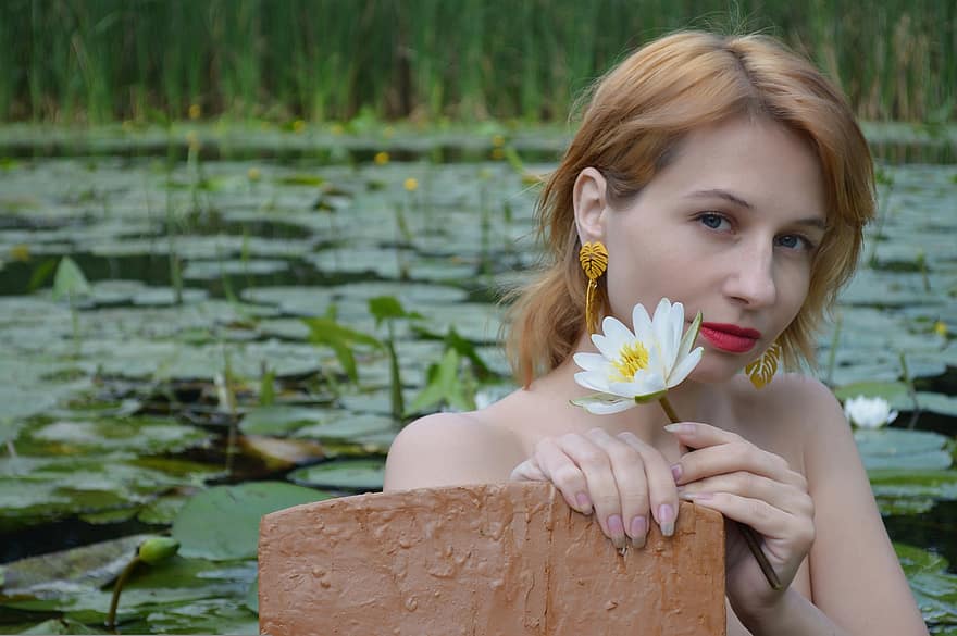 Lily, Lotus, Water Lily, Woman, Portrait, Photo Shoot In The Water In Nature, Girl Near The Water, Small River, Girl, Dress, River