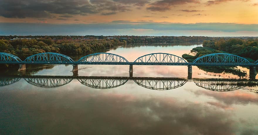puente, río, Wisla, río vistula, infraestructura, reflexión, reflejo, imagen de espejo, aguas calmadas, arquitectura, bancos