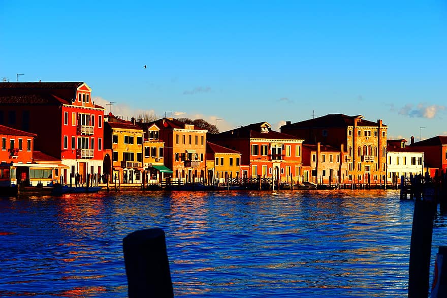 Венеция, Мурано, канал, град, сгради, лагуна, Италия, залез, вода, архитектура, известното място