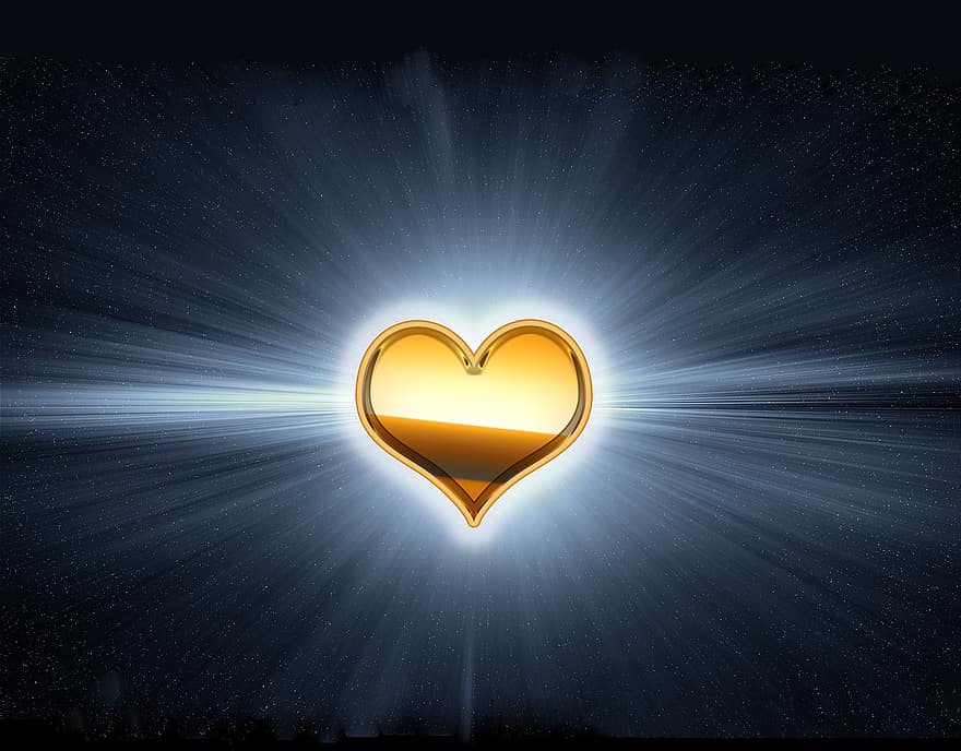 Hjärta av guld, guld hjärta, strålande, Strålande hjärta, kärlek, universum, Universell kärlek, blått hjärta