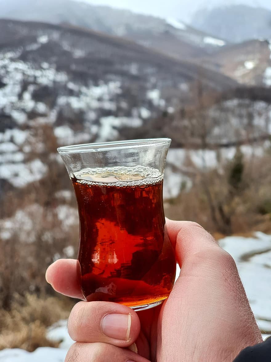 thee, drinken, drank, hand-, sneeuw, bergen, winter, behang, achtergrond