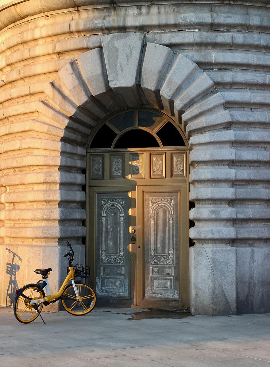 edifici, arquitectura, bicicleta, ombra, llum, porta, concret