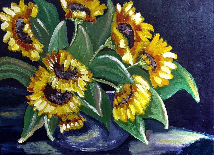Malovaná slunečnice, akrylová barva, plátno