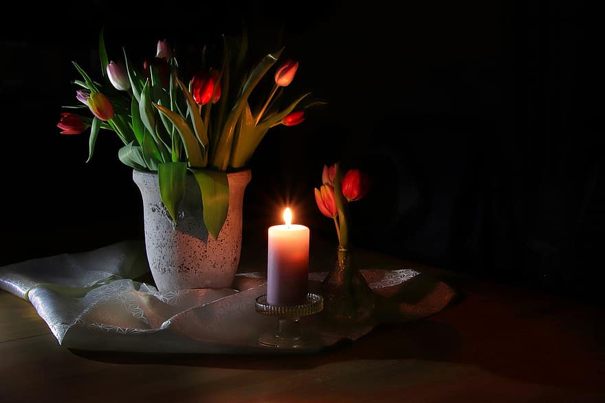 tulipány, svíčka, pozvání, dekorace, nastavení, světlo, květiny, květ