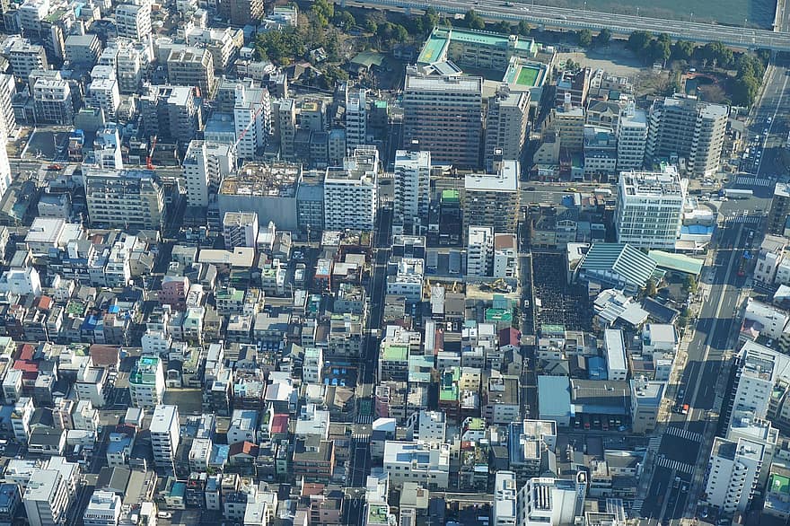 Stadt, Reise, Tourismus, Gebäude, Antenne, Japan, Stadtbild, Luftaufnahme, Wolkenkratzer, High Angle View, städtische Skyline