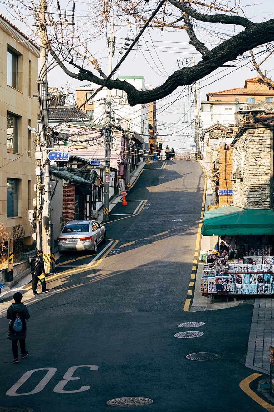 estrada, rua, cidade, Colina, prédios, Cidade antiga, historicamente, Seul, urbano, auto, velho