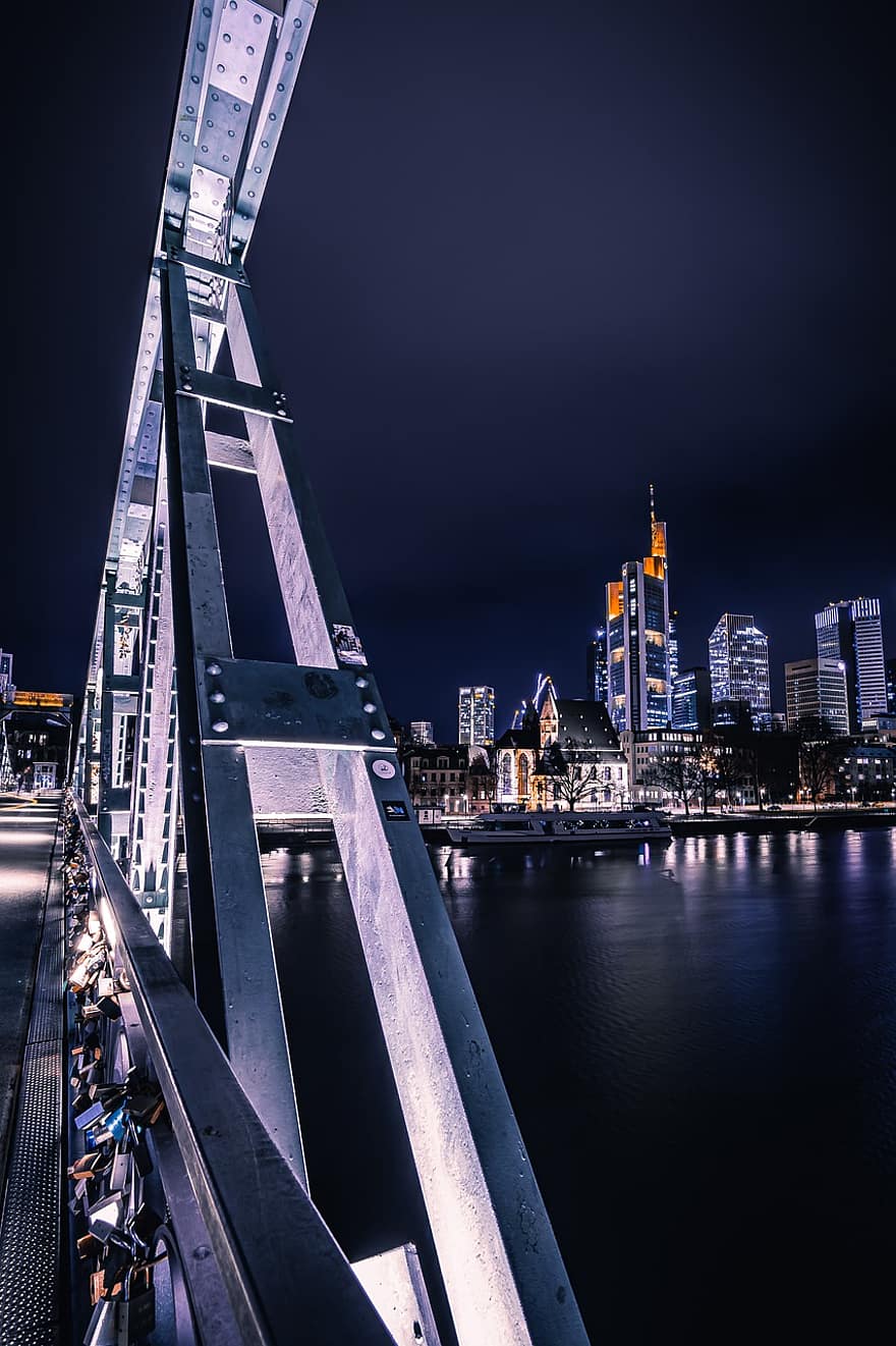 bro, bygninger, nat, stålbro, lys, by, by-, arkitektur, frankfurt, Tyskland, aften
