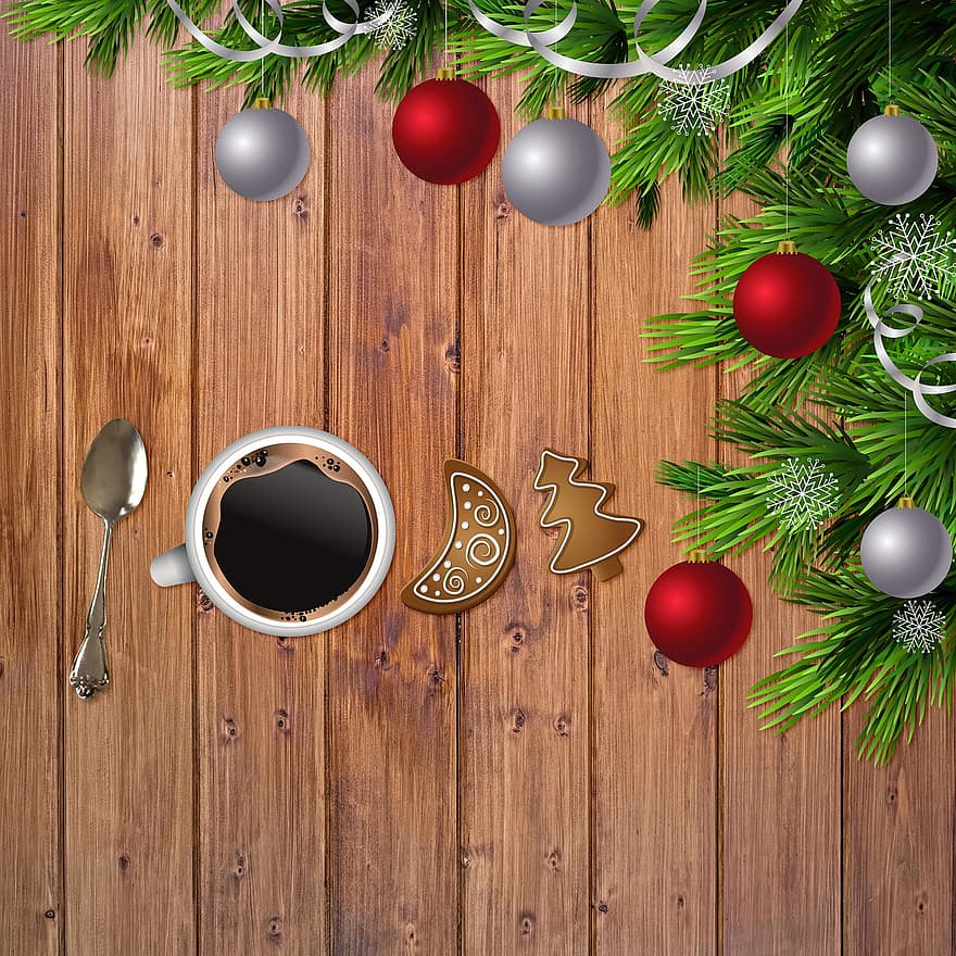 Weihnachten Hintergrund, Weihnachten, Holz, Baum, Kaffee, Löffel, Weihnachtskugeln, Advent, Urlaub, Postkarte, Beleuchtung