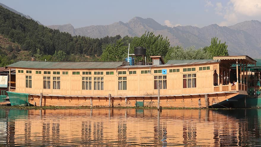 casa galleggiante, lago, barca, dal lago, Srinagar, India, acqua, montagna, nave nautica, estate, viaggio