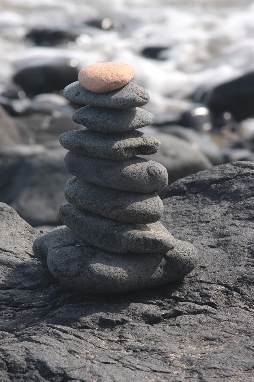 sten, tårn, strand, balance, sten-, klippe, stak, rullesten, bunke, stabilitet, tæt på