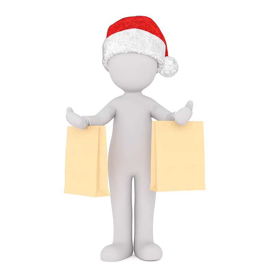 baltas vyras, 3D modelis, Viso kūno, 3d santa skrybėlę, Kalėdos, santa skrybėlę, 3d, balta, izoliuotas, apsipirkti, pirkinių krepšiai