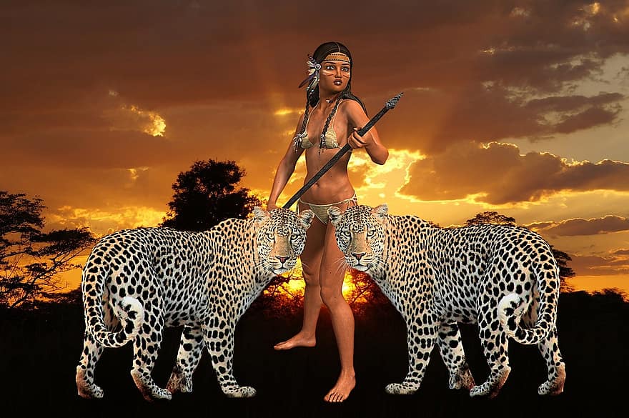 kvinne, tiger, amazone, heltinne, stolthet, modig, skjønnhet, mystiske, savannen