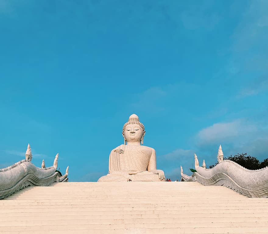 Buddha, Thaiföld, elmélkedés, zen, szobor, ég, lépcsők, utazás, idegenforgalom, buddhizmus, vallás