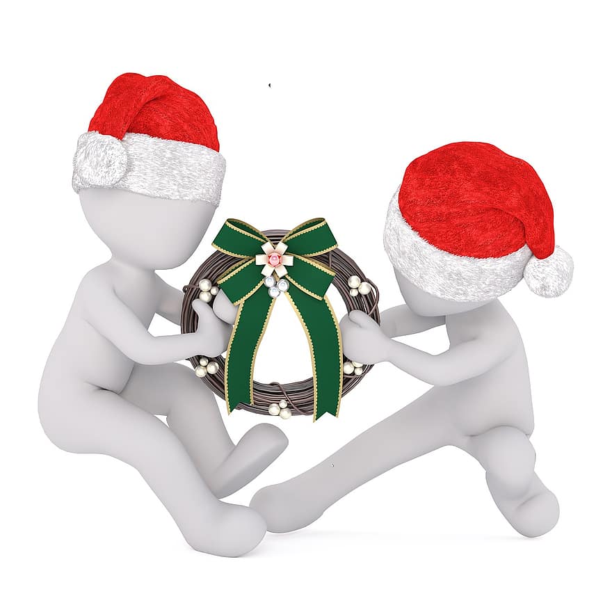 Weihnachten, weißer Mann, Ganzkörper, Weihnachtsmütze, 3D-Modell, Zahl, isoliert, Weihnachtskranz, streiten, behalten, ziehen
