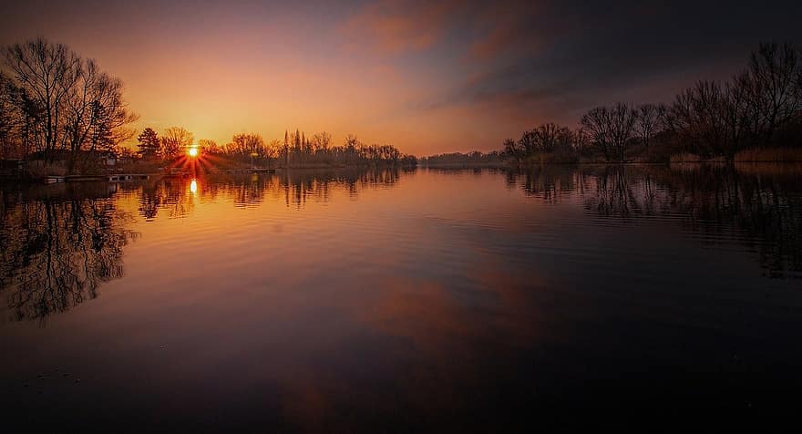 Lake, Trees, Sunset, Sunbeams, Fall, Water, Reflection, Clouds, Multicoloured, Nature, Landscape