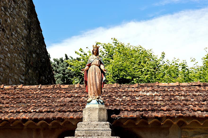 statue, sculpture, la taille de pierre, coloré, Vierge Marie, religion, Foi, patrimoine, toiture, Tuiles Romaines, Provence