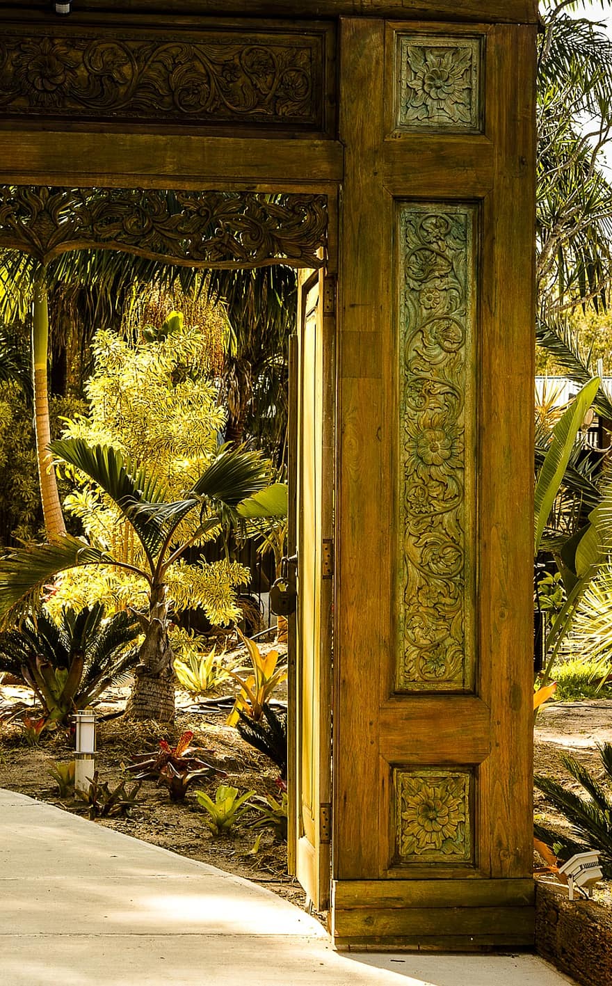 entrada, madeira, porta, jardim, ao ar livre, Entrada, arquitetura, bem vinda, casa, desenhar, rústico