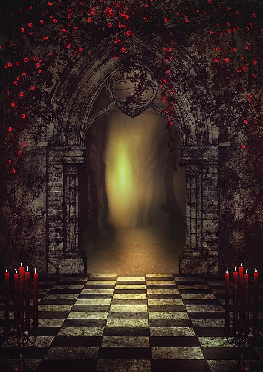 Gothic, Fantasy, Forest, Path, Goal, Old, Roses, Candles, Mysterious, Atmosphere, Middle Ages
